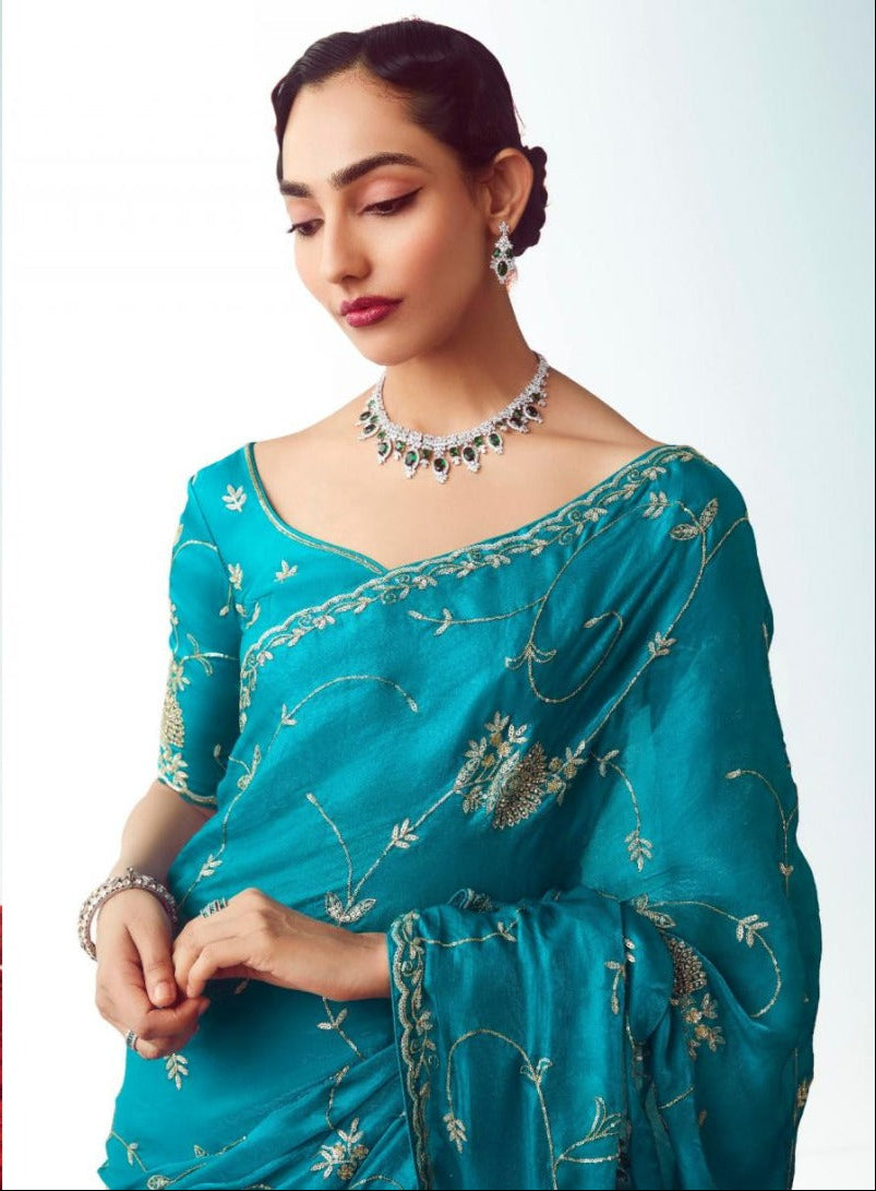 Turquoise Blue Silk Saree