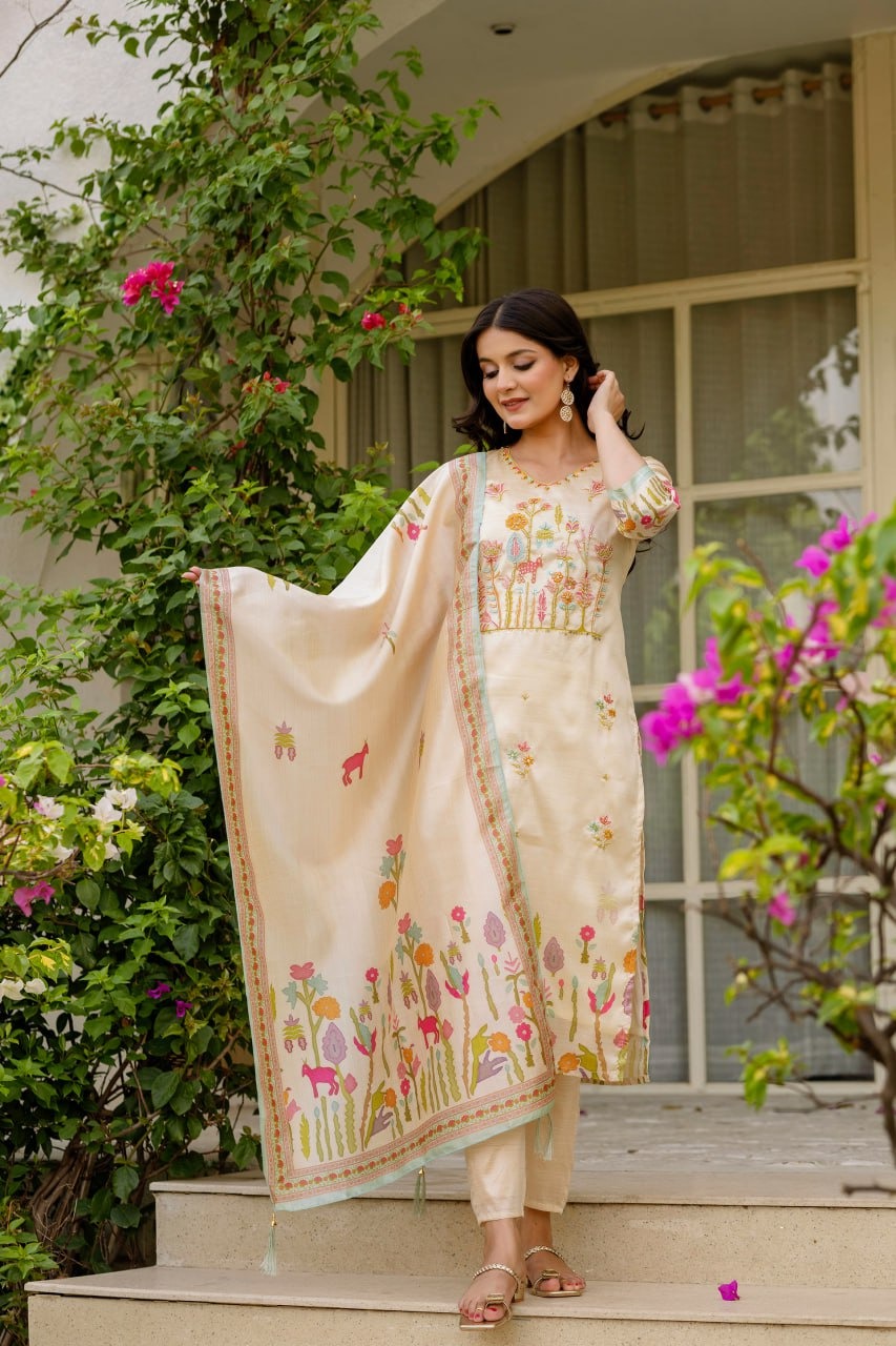 Cream Silk Punjabi Suit