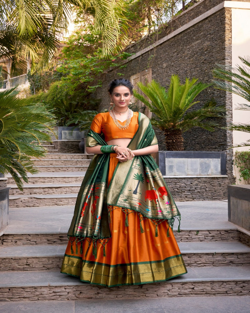 Orange And Green Silk Lehenga