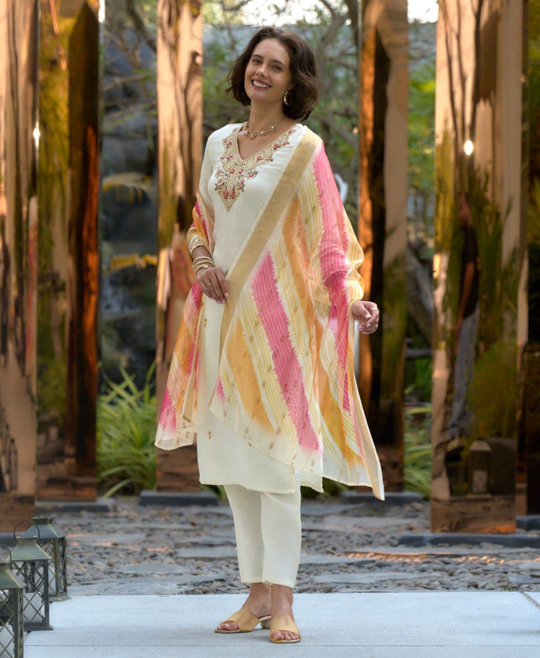 Cream White Vatican Silk Punjabi