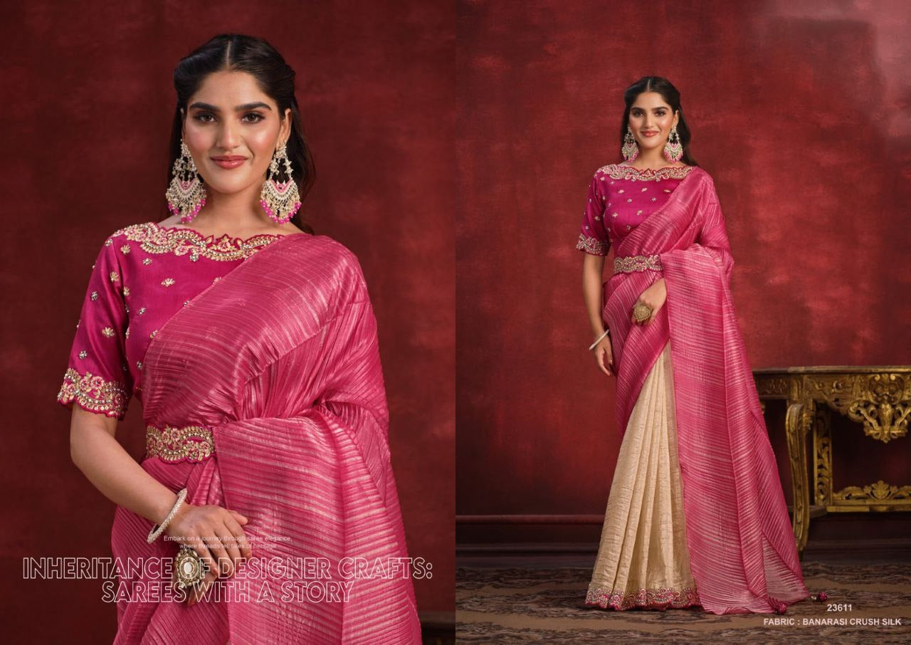 Pink And Cream Ready To Wear Saree