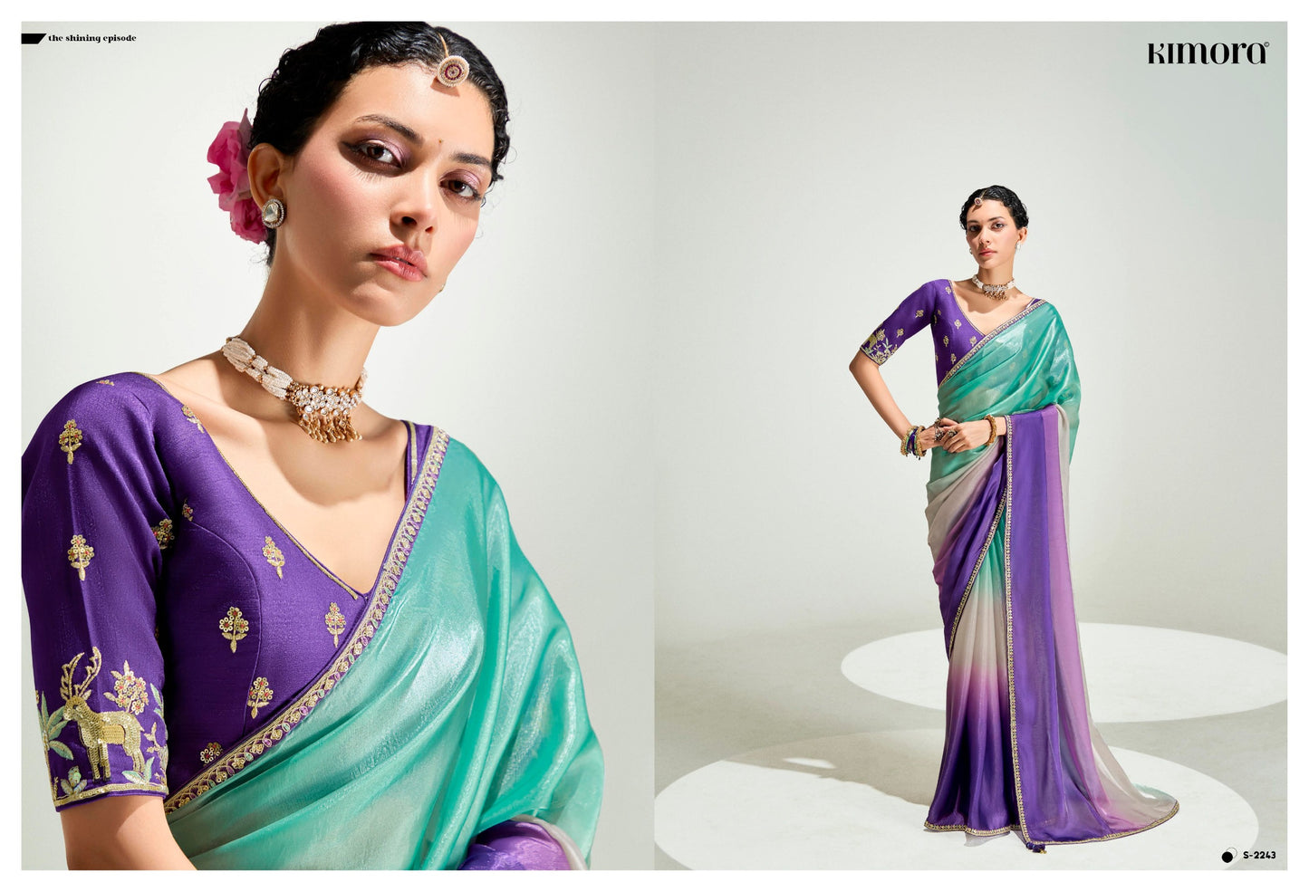 Teal Blue And Purple Silk Saree