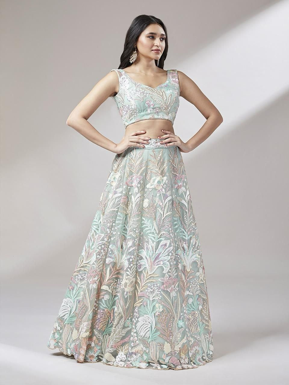 Mint Green Net Muti Colour Lehenga