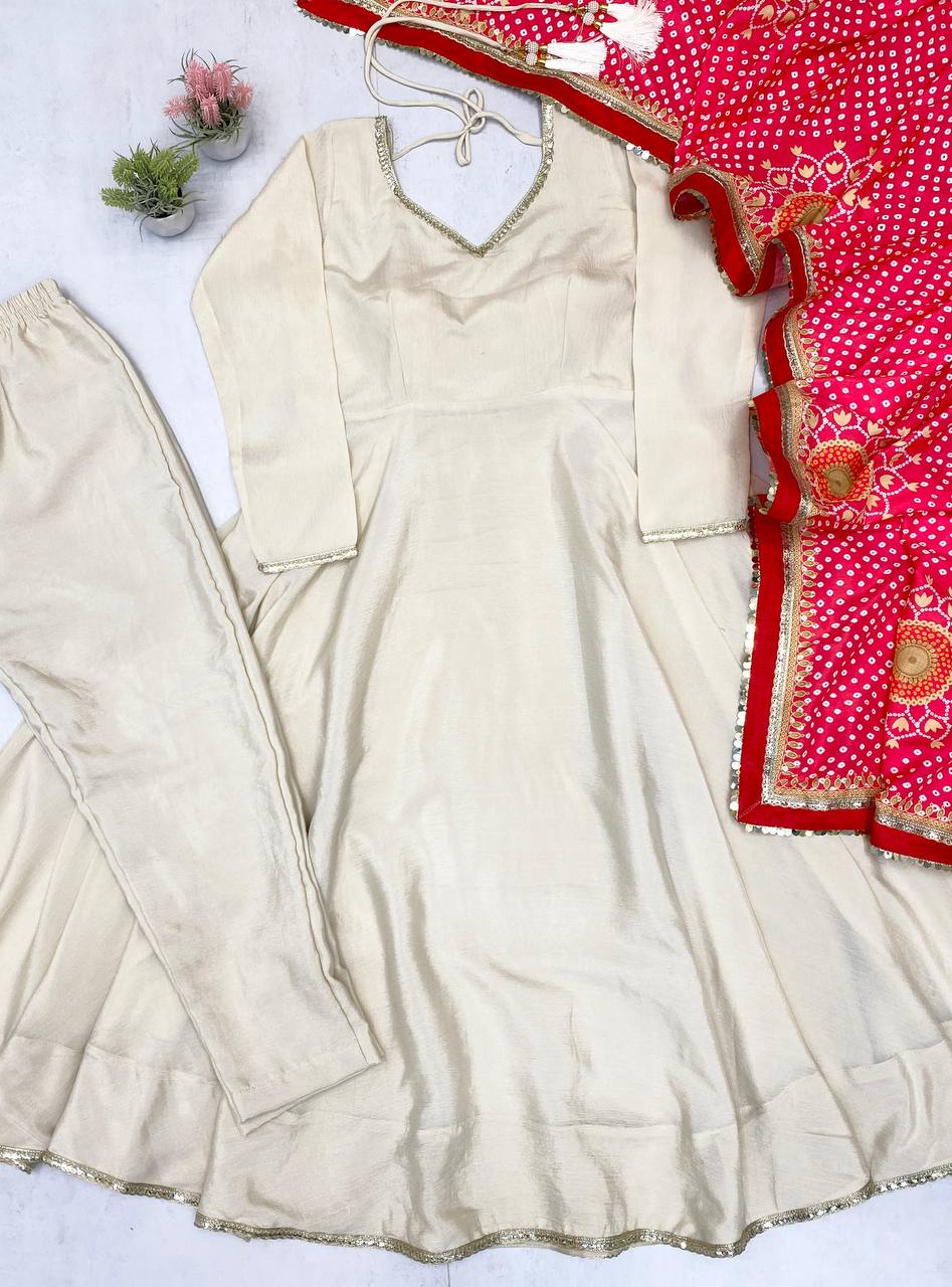Cream Bandhani Anarkali