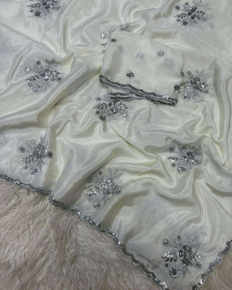 Ivory White Chinon Silk Saree