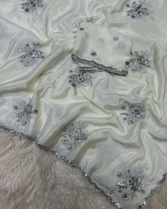 Ivory White Chinon Silk Saree