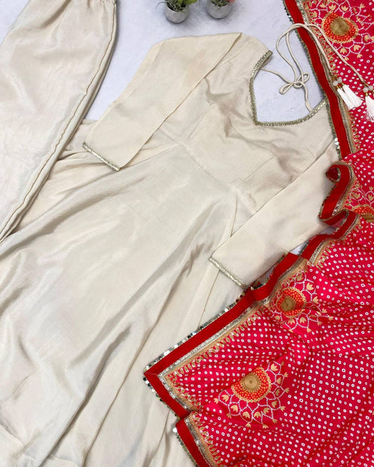 Cream Bandhani Anarkali
