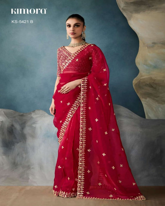 Cherry Red Net Saree