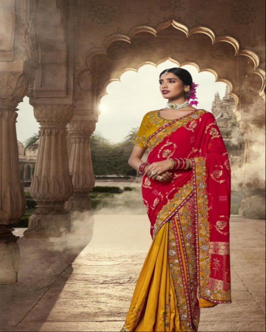 Chrome Yellow And Red Silk Saree