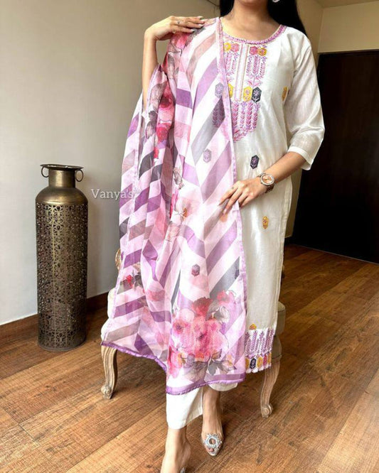 White Chanderi Silk Punjabi