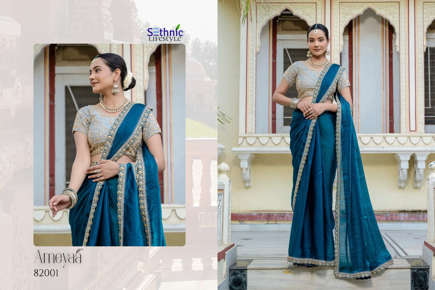 Crush Blue Satin Velvet Saree