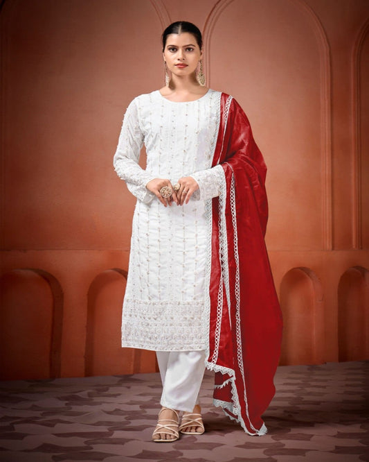 White Georgette Punjabi With Different Colour Dupattas