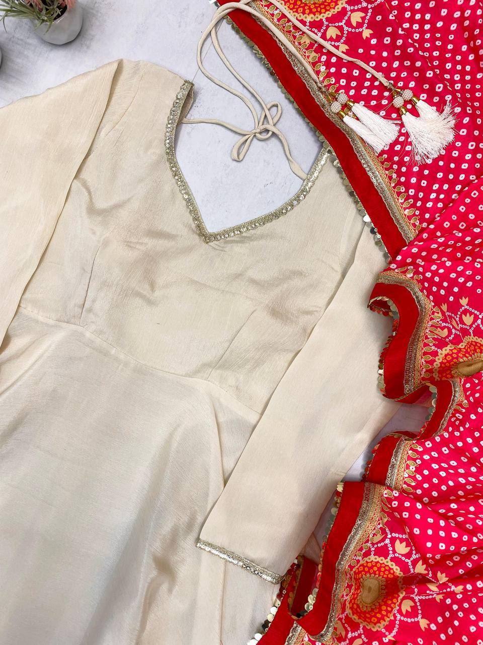 Cream Bandhani Anarkali