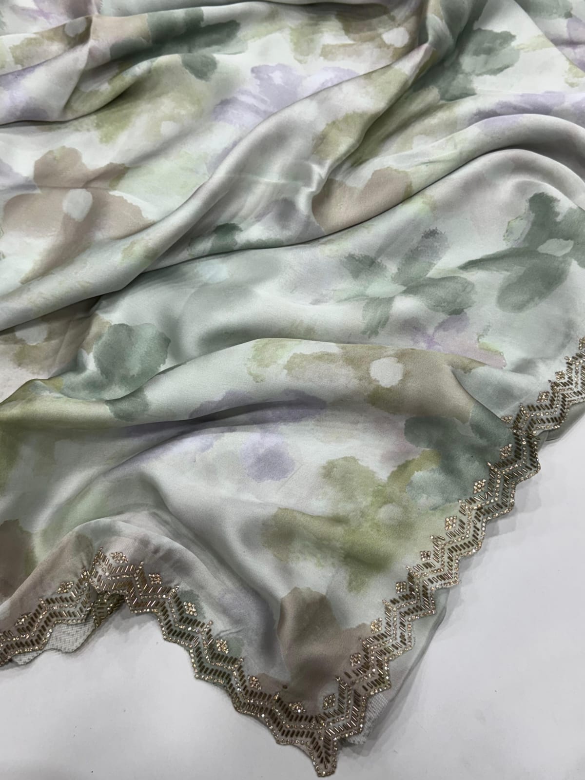 Light Green Printed Satin Georgette Silk Saree