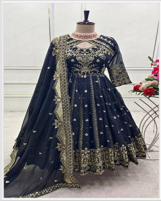 Blue Heavy Embroidered Gown