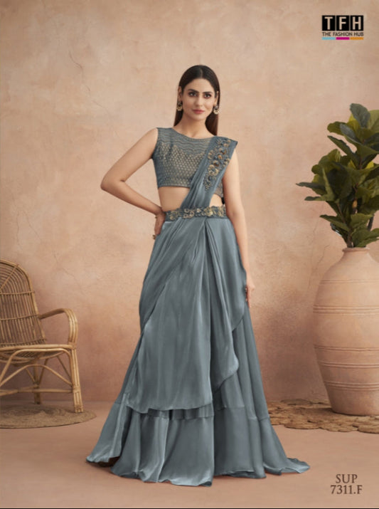 Dusty Teal Lehenga Saree