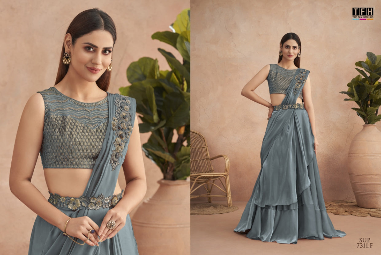 Dusty Teal Lehenga Saree