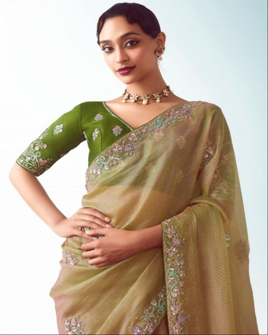 Gold And Pista Green Silk Saree