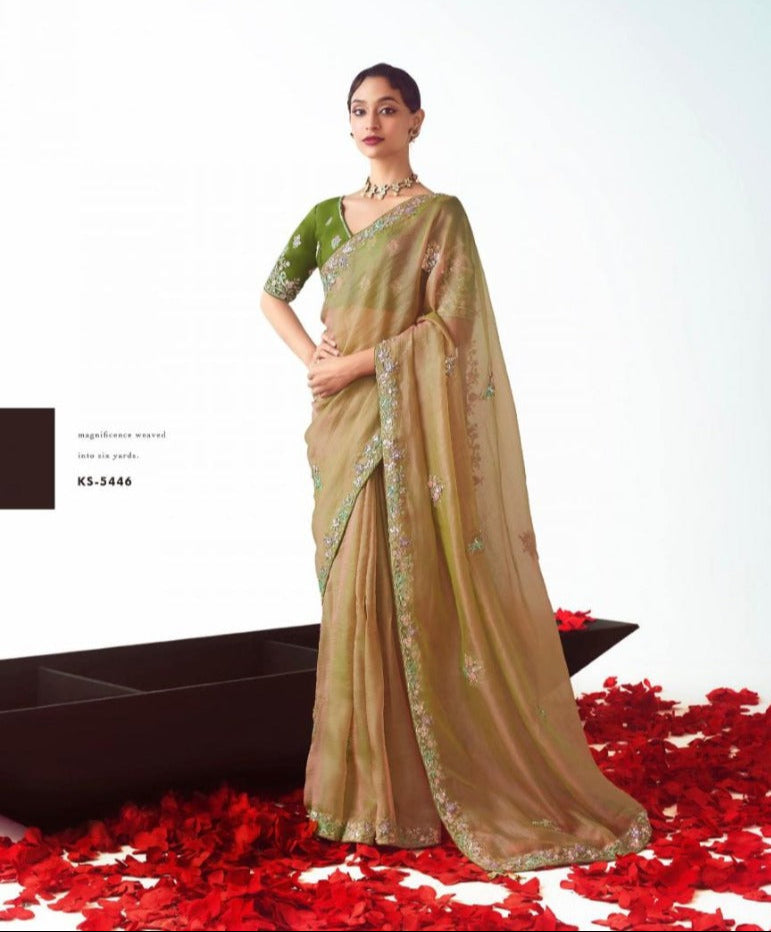 Woman wearing a green and beige saree with floral patterns on a white background