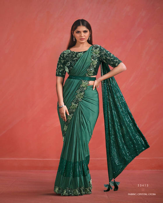 Bottle Green Ready To Wear Saree