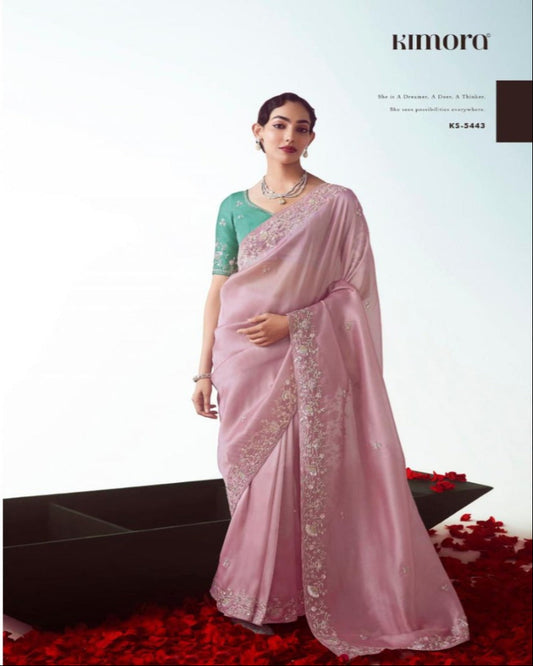 Soft Pink And Teal Silk Saree