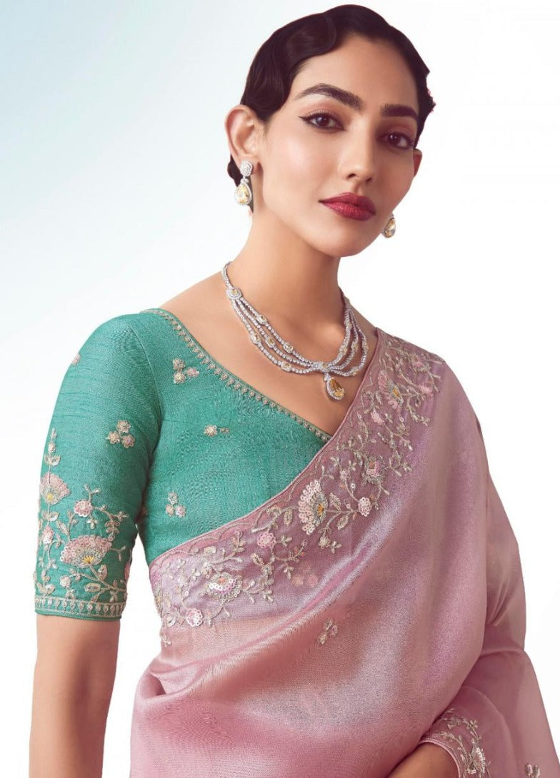 Soft Pink And Teal Silk Saree