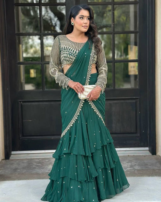 Bottle green Lehenga Saree