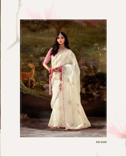 Cream And Pink Silk Saree