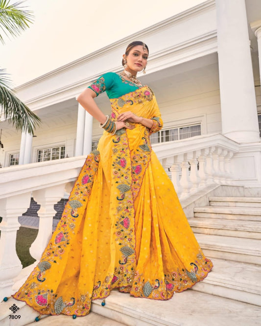Yellow and Green Wedding Saree