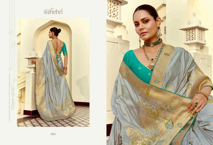 Grey And Teal Green Viscose Saree