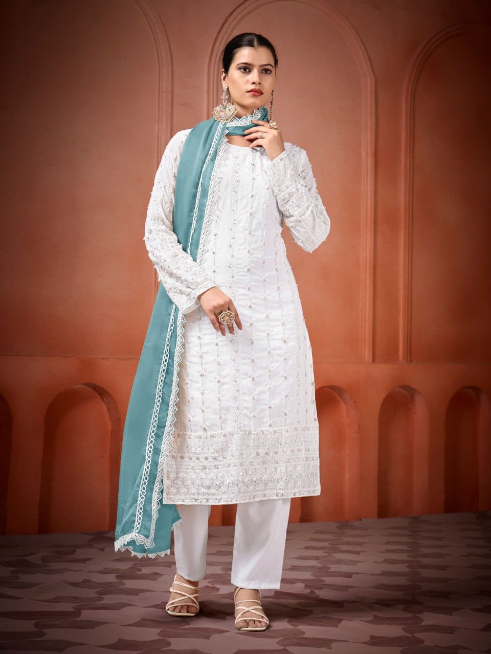 White Georgette Punjabi With Different Colour Dupattas