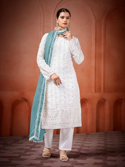 White Georgette Punjabi With Different Colour Dupattas