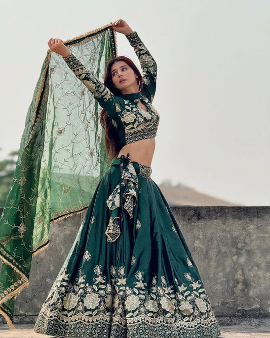 Bottle Green Silk Lehenga