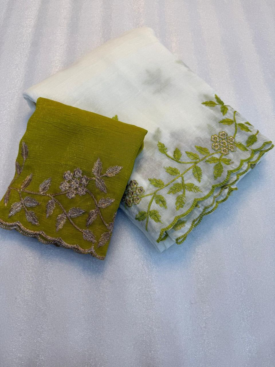 Pearl White And Green Silk Saree