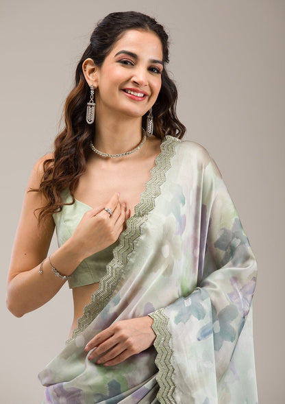 Light Green Printed Satin Georgette Silk Saree