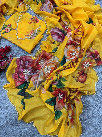 Yellow Taby Silk Floral Saree