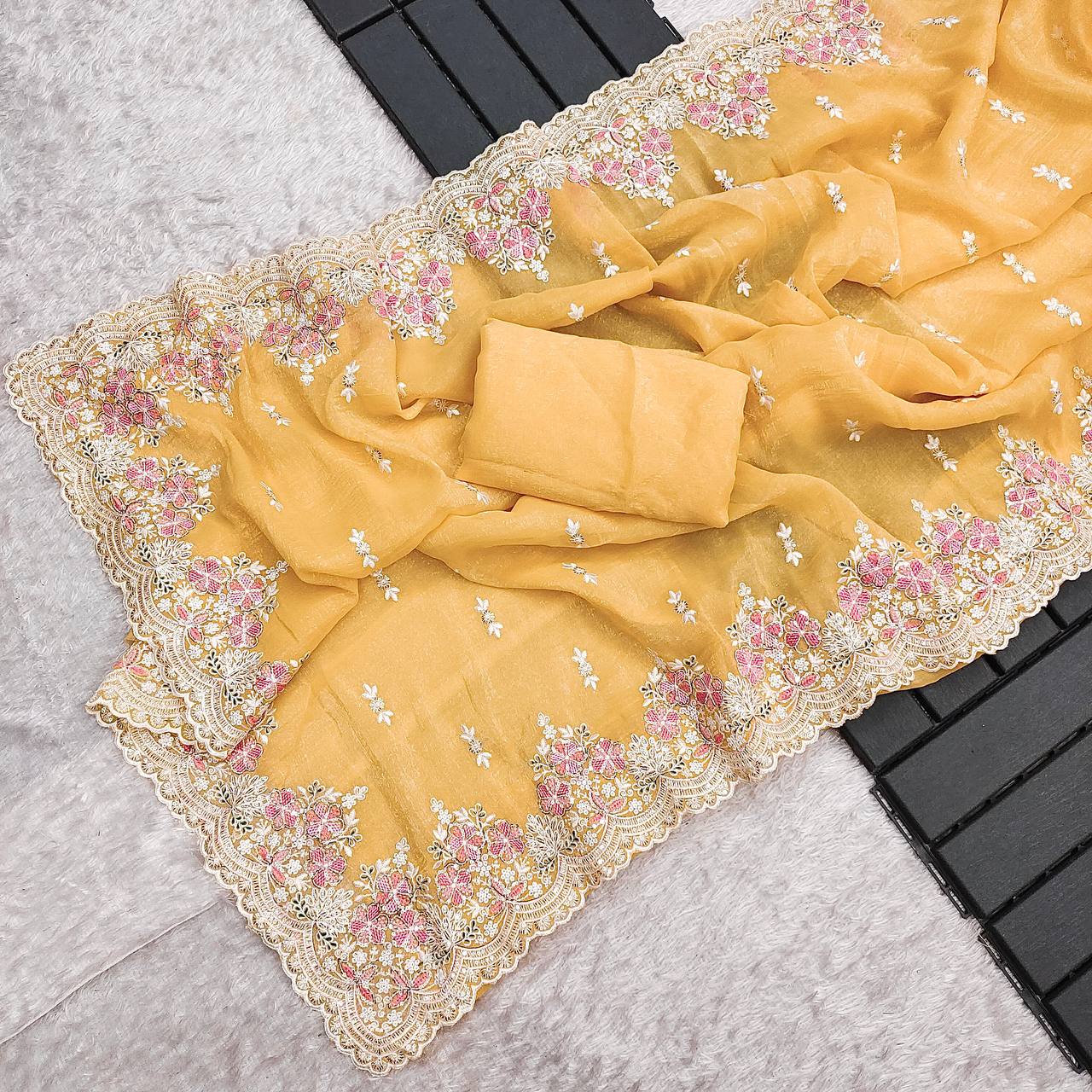 Yellow Crunchy Silk Saree