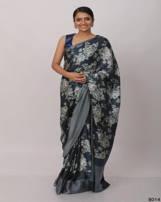 Grey Floral Print Saree