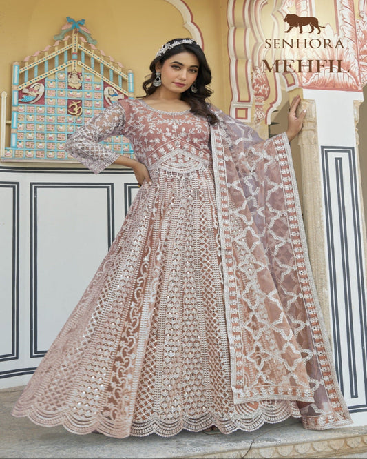 Light Peach Net Gown With Dupatta
