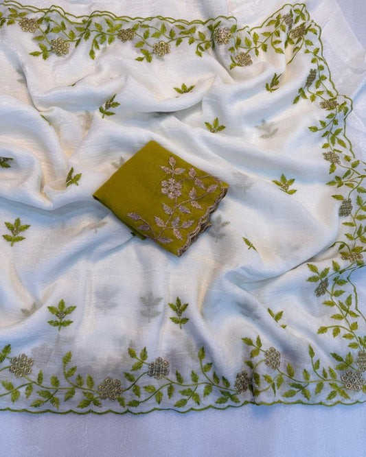Pearl White And Green Silk Saree