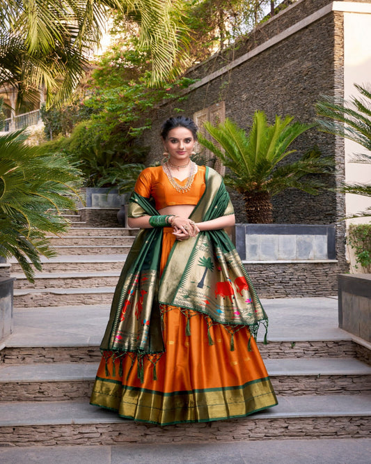 Orange And Green Silk Lehenga