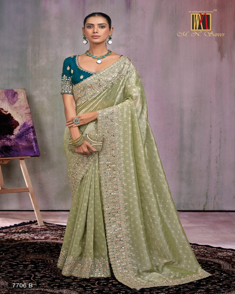 Light Olive Green Russian Silk Kanjivaram Saree