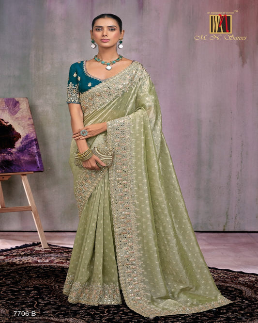 Light Olive Green Russian Silk Kanjivaram Saree
