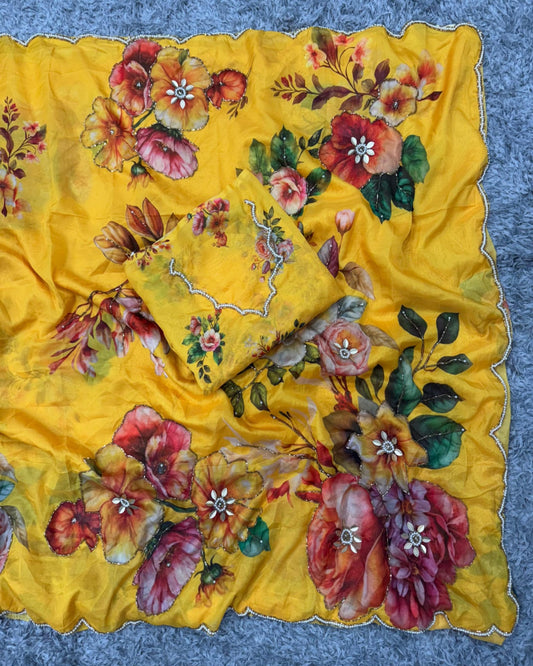 Yellow Taby Silk Floral Saree