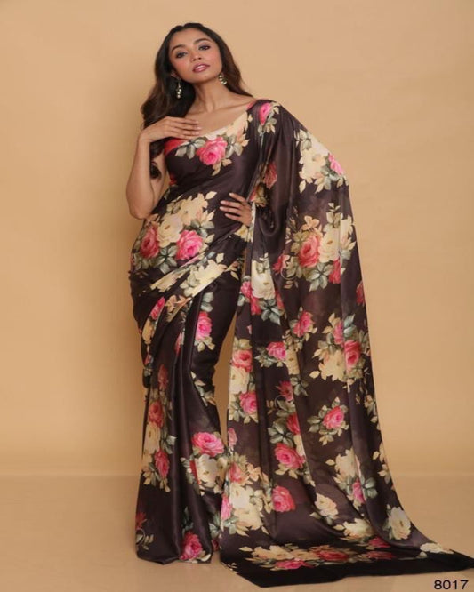 Chocolate Brown Floral Saree