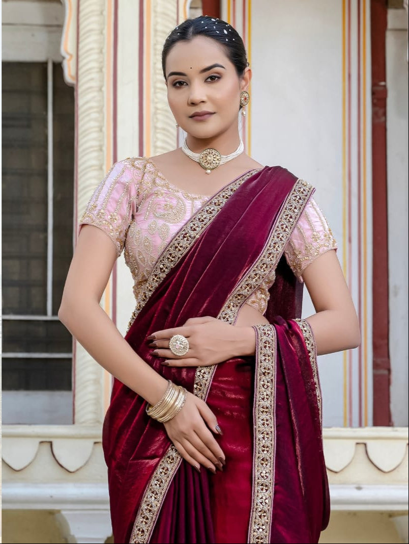 Maroon Satin velvet Saree