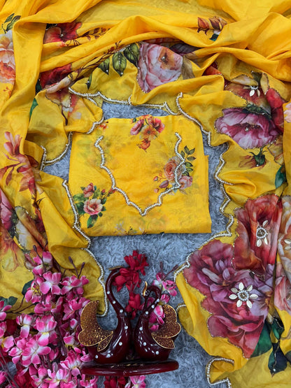 Yellow Taby Silk Floral Saree