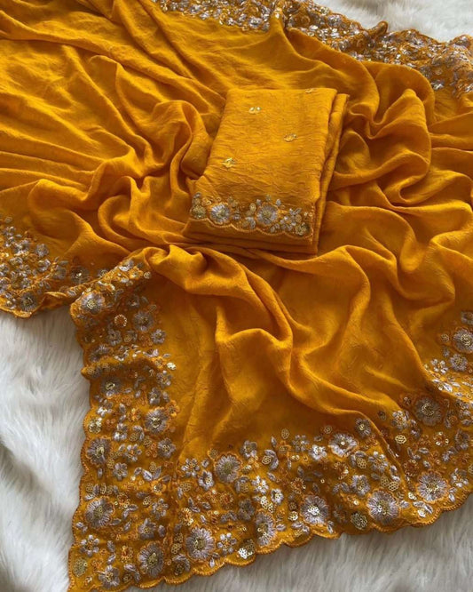Chrome Yellow Crush Silk Saree