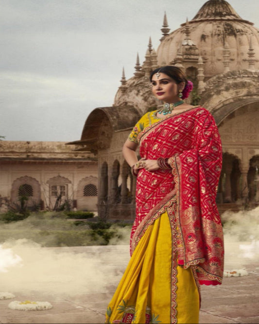 Two Toned Yellow and Red Silk Saree