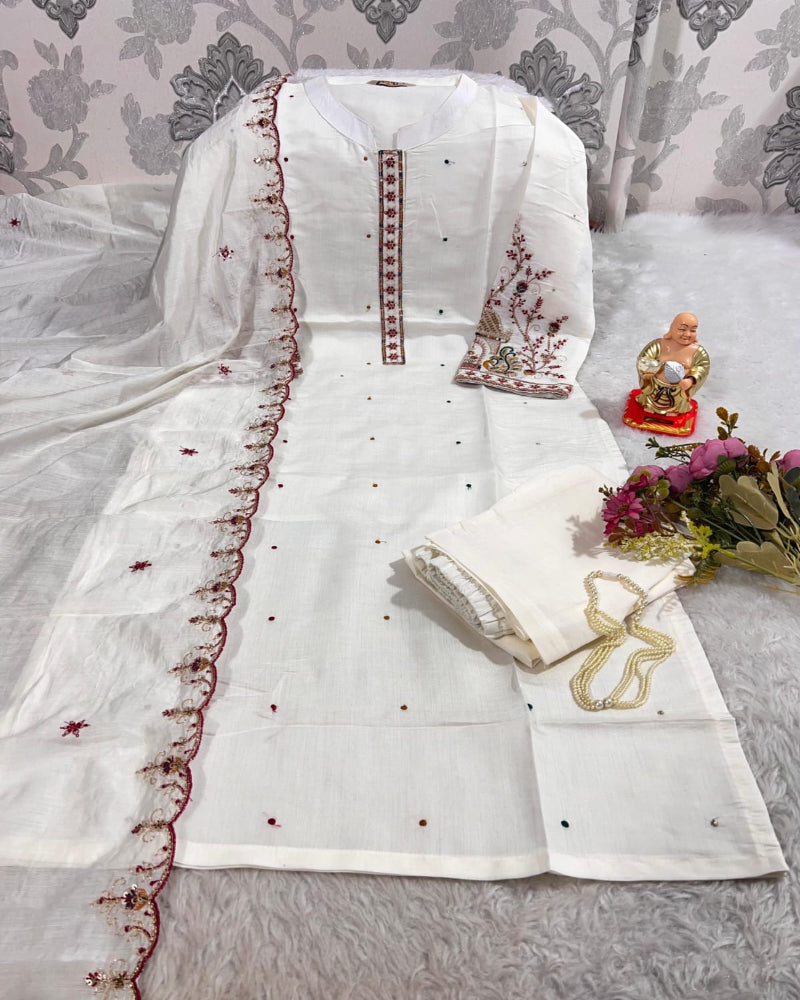 White Muslin Silk Suit